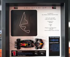Handmade Formula 1 display frames made with a 1:43 scale F1 car model and the track layout