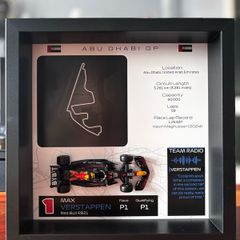 Handmade Formula 1 display frames made with a 1:43 scale F1 car model and the track layout