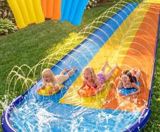 18ft/548cm Triple Lanes Water Slides and 3 bodyboards, Backyard Lawn Water Slides with Sprinkler for Kids Adults Outdoor Water Toy fun in summer for Kids Adults