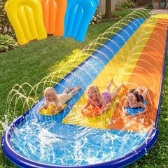 18ft/548cm Triple Lanes Water Slides and 3 bodyboards, Backyard Lawn Water Slides with Sprinkler for Kids Adults Outdoor Water Toy fun in summer for Kids Adults