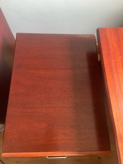 Large, very solid desk with side desk, lockable pedestal on wheels and lockable cabinet