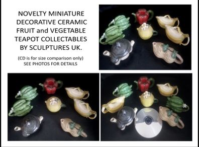 A Collection Of 8 Novelty Miniature Decorative Fruit and Vegetable Teapots By Sculptures Uk