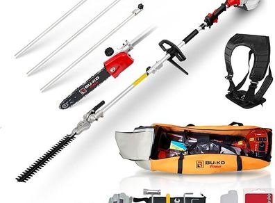 BU-KO 52cc Long Reach Petrol Hedge Trimmer and Pruner Saw with 3x 75cm Extension Pole and Toolbag for Convenient Storage, Ultimate Garden Tool for Precision Cutting, Trim Hedges and Prune with Ease