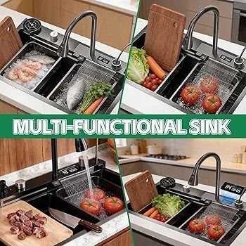 Drop-in Waterfall Sink Workstation with Faucet Combo and Cup Washer, 26.7" x 17.6" x 7.9" Stainless Steel Waterfall Bowl, Modern Smart Undermount Kitchen Unit, for Household Use, Gun Grey