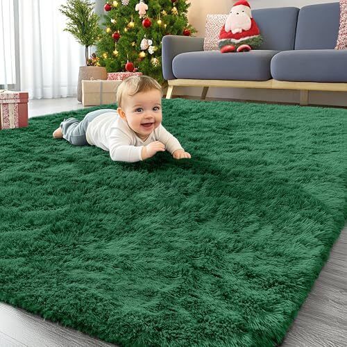 Fluffy Shaggy Rugs Living Room, Large Anti Slip Carpet, Machine Washable Soft Thick Pile Bedside Rug for Kids Bedroom, Nursery - Dark Green, 120 x 160 cm