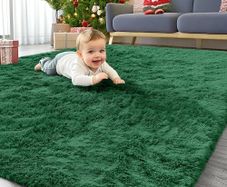 Fluffy Shaggy Rugs Living Room, Large Anti Slip Carpet, Machine Washable Soft Thick Pile Bedside Rug for Kids Bedroom, Nursery - Dark Green, 120 x 160 cm
