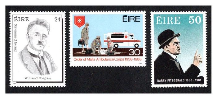 1988 Ireland Anniversaries Statemen of Ireland - WT Cosgrave; Order of Malta Golden Jubilee, Birth Centenary of Barry Fitzgerald (Autor)  Commemorative Stamps Mint Never Hinged (MNH).