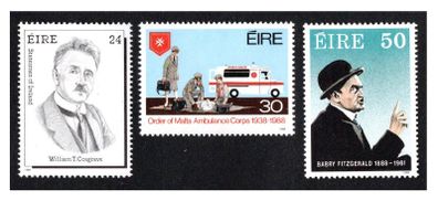 1988 Ireland Anniversaries Statemen of Ireland - WT Cosgrave; Order of Malta Golden Jubilee, Birth Centenary of Barry Fitzgerald (Autor)  Commemorative Stamps Mint Never Hinged (MNH).