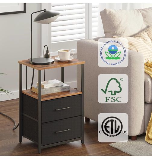 Bedside Table with Charging Station, Side Table with 2 USB Ports and Outlets, Nightstand with Cloth Drawer, Set of 2, End Table, Brown and Black