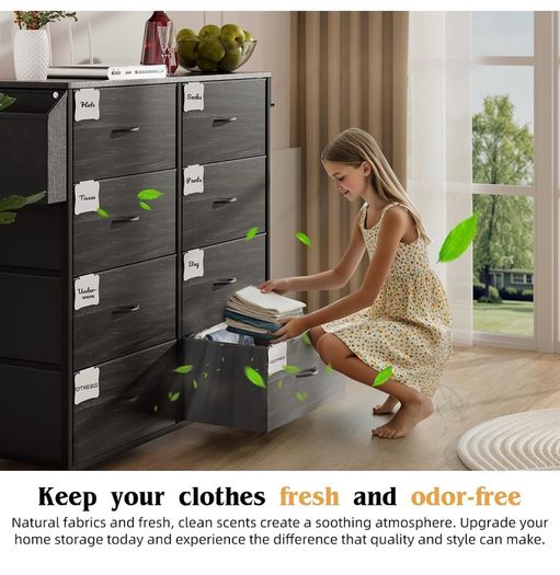 Fabric Chest of Drawers - Canvas Storage Unit with 8 Large Drawers Label Cards, Side Pocket & Hook for Living Room, Hallway, Bedroom