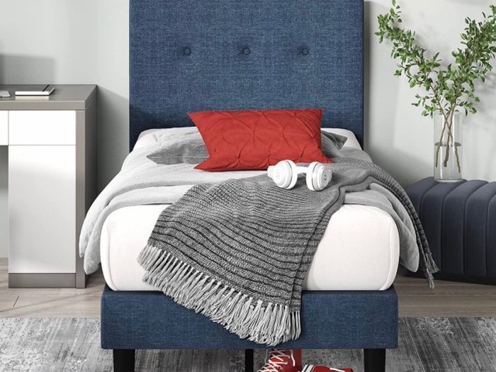 36 cm Upholstered Platform Bed Frame | Mattress Foundation | Wood Slat Support | For Adults, Kids, Teenagers | Easy Assembly | Single | Navy (MATRESS NOT INCLUDED)