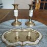 Vintage Mother Of Pearl Salt & Pepper Shakers On Brass Tray With Mop Candle Holders Image 2