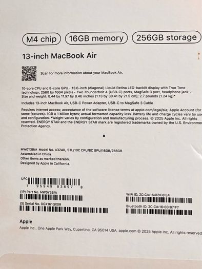 Apple Macbook Air 2025 M4 256gb