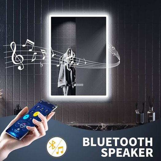 NEW SALE | Backlit Bluetooth Bathroom Mirrors with Shaver Socket, 500 x 700 mm Illuminated Wall Mounted Bathroom Vanity Mirror with LED Lights and Demister Pad, Blue Atmosphere Light LED Smart Mirrors