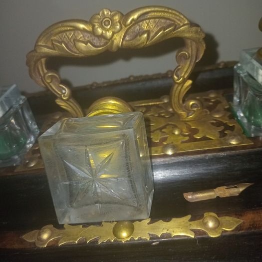 Antique Walnut,Ebony and Pierced Brass Double Inkwell Desk Set.