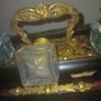 Antique Walnut,Ebony and Pierced Brass Double Inkwell Desk Set. Image 7