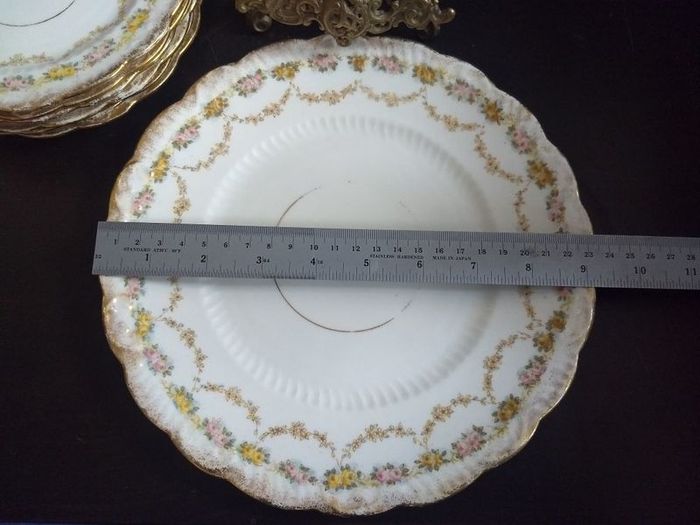 Lovely Set of Six Vintage Shabby Chic Floral Tea Plates and Matching Cake Plate by Rose China AD1820, Manchester,  in Delicate Floral Swags Pattern with Yellow and Pink Roses