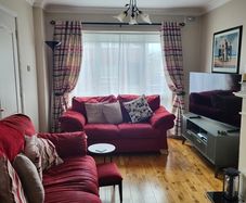 90x90 fully lined sitting room curtains with rings and matching cushion covers   x 6 (3 striped to match curtains and 3 beige.
