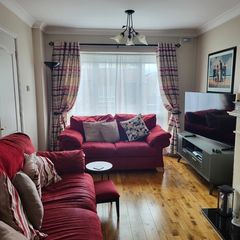 90x90 fully lined sitting room curtains with rings and matching cushion covers   x 6 (3 striped to match curtains and 3 beige.