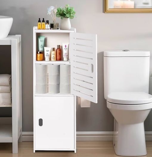 3 Tier Bathroom Storage Cabinet, Freestanding Organizer with Doors, White Waterproof Storage Floor Cabinet for Bedroom, Toilet, Living Room, Kitchen, Balcony, Office