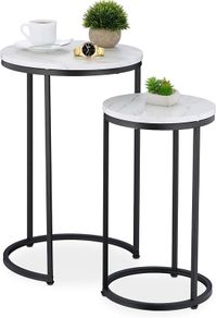 Nesting Tables, 2-Piece Set, 2 Sizes, Marble Effect, Metal Legs, Round, Living Room, for Sofa, White/Black