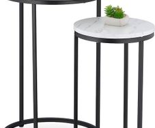 Nesting Tables, 2-Piece Set, 2 Sizes, Marble Effect, Metal Legs, Round, Living Room, for Sofa, White/Black