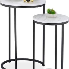 Nesting Tables, 2-Piece Set, 2 Sizes, Marble Effect, Metal Legs, Round, Living Room, for Sofa, White/Black
