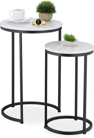 Nesting Tables, 2-Piece Set, 2 Sizes, Marble Effect, Metal Legs, Round, Living Room, for Sofa, White/Black