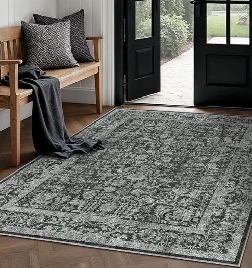 Vintage Black Rugs Living Room Washable Non Slip Large Area Rug 150x210cm Bedroom Kitchen Hall Lounge Office Dining Room Indoor Carpet Low Pile Big Carpets