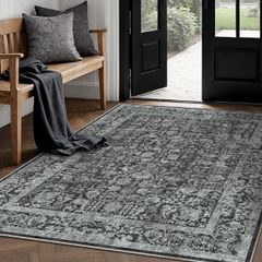 Vintage Black Rugs Living Room Washable Non Slip Large Area Rug 150x210cm Bedroom Kitchen Hall Lounge Office Dining Room Indoor Carpet Low Pile Big Carpets