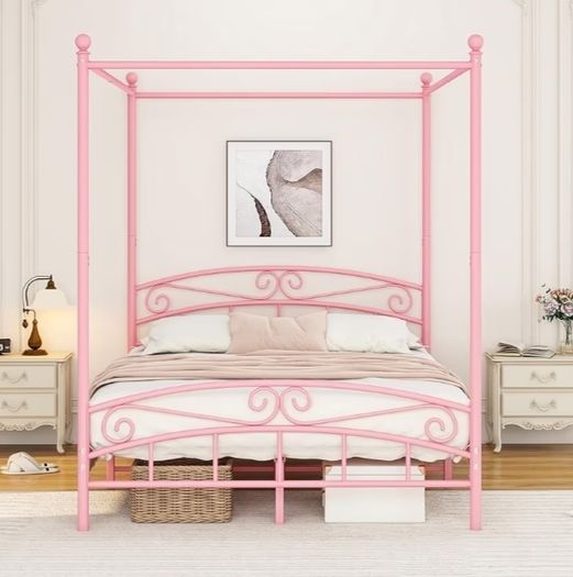 Canopy Bed Frame with Ornate European Style Headboard & Footboard Sturdy Steel Perfectly Fits Your Mattress Easy DIY Assembly All Parts Included
