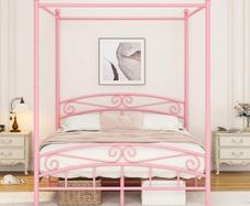 Canopy Bed Frame with Ornate European Style Headboard & Footboard Sturdy Steel Perfectly Fits Your Mattress Easy DIY Assembly All Parts Included