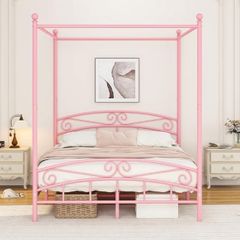 Canopy Bed Frame with Ornate European Style Headboard & Footboard Sturdy Steel Perfectly Fits Your Mattress Easy DIY Assembly All Parts Included