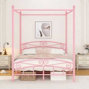Canopy Bed Frame with Ornate European Style Headboard & Footboard Sturdy Steel Perfectly Fits Your Mattress Easy DIY Assembly All Parts Included