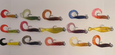 No#5 - New - Set of 15pcs mix colour Mini soft lures 4,5-5cm on jig heads No 1 and 1/0 and 4-5g - Pike Perch Trout Salmon Bass Cod Pollock