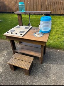 Hand made solid timber mud kitchen with stool with accessories