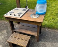 Hand made solid timber mud kitchen with stool with accessories