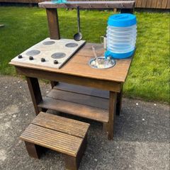 Hand made solid timber mud kitchen with stool with accessories