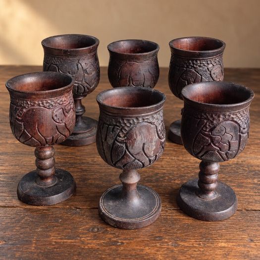 Set of 6 Hand-Carved African Wildlife Wooden Goblets  Vintage