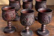 Set of 6 Hand-Carved African Wildlife Wooden Goblets  Vintage