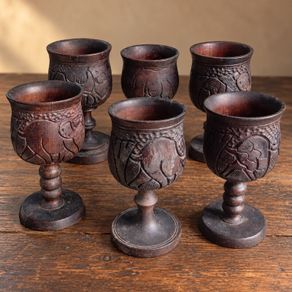 Set of 6 Hand-Carved African Wildlife Wooden Goblets  Vintage