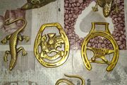 6 Beautiful Old Brass Ornaments Lizard Snail Frog Snake and 2 Horse Tackle Brass Postage Available,