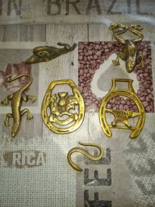 6 Beautiful Old Brass Ornaments Lizard Snail Frog Snake and 2 Horse Tackle Brass Postage Available,