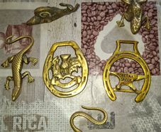 6 Beautiful Old Brass Ornaments Lizard Snail Frog Snake and 2 Horse Tackle Brass Postage Available,