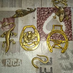 6 Beautiful Old Brass Ornaments Lizard Snail Frog Snake and 2 Horse Tackle Brass Postage Available,