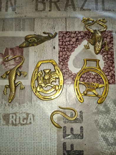 6 Beautiful Old Brass Ornaments Lizard Snail Frog Snake and 2 Horse Tackle Brass Postage Available,