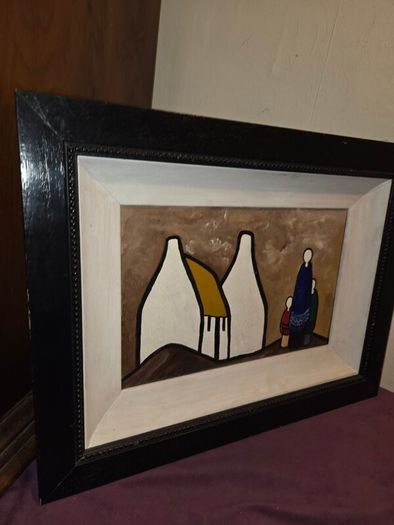 Oil on Board Shawlies and Cottages painting - Framed