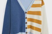 White Stuff Reversible Knit Cardigan Striped / Solid Blue Multi