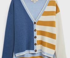 White Stuff Reversible Knit Cardigan Striped / Solid Blue Multi