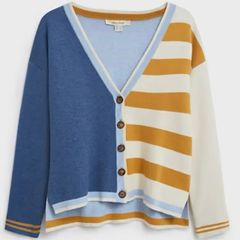 White Stuff Reversible Knit Cardigan Striped / Solid Blue Multi